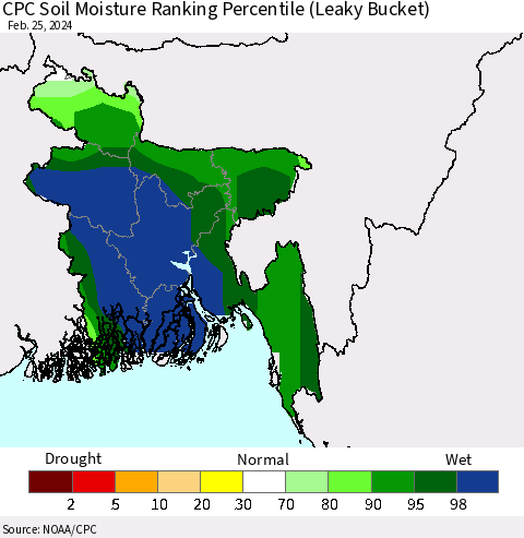 Bangladesh CPC Soil Moisture Ranking Percentile (Leaky Bucket) Thematic Map For 2/21/2024 - 2/25/2024