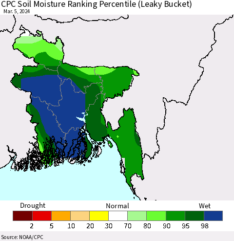 Bangladesh CPC Soil Moisture Ranking Percentile (Leaky Bucket) Thematic Map For 3/1/2024 - 3/5/2024
