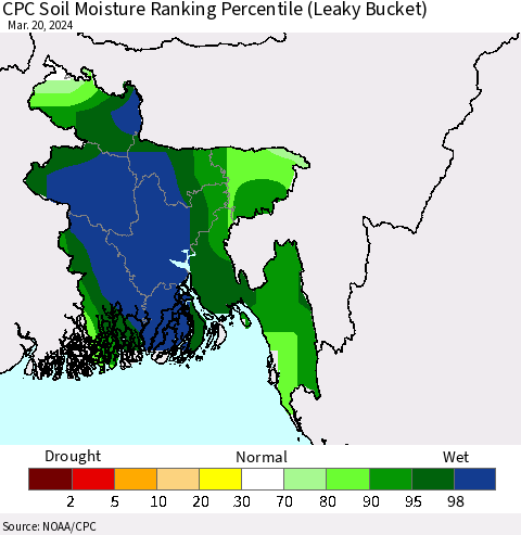 Bangladesh CPC Soil Moisture Ranking Percentile (Leaky Bucket) Thematic Map For 3/16/2024 - 3/20/2024