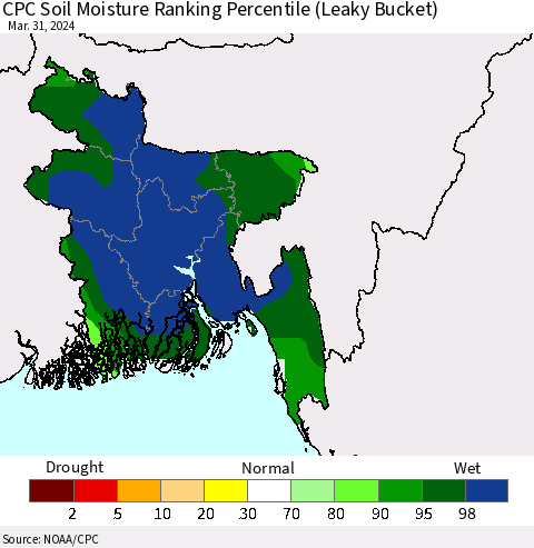 Bangladesh CPC Soil Moisture Ranking Percentile (Leaky Bucket) Thematic Map For 3/26/2024 - 3/31/2024