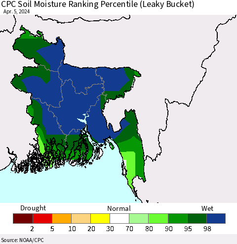 Bangladesh CPC Soil Moisture Ranking Percentile (Leaky Bucket) Thematic Map For 4/1/2024 - 4/5/2024
