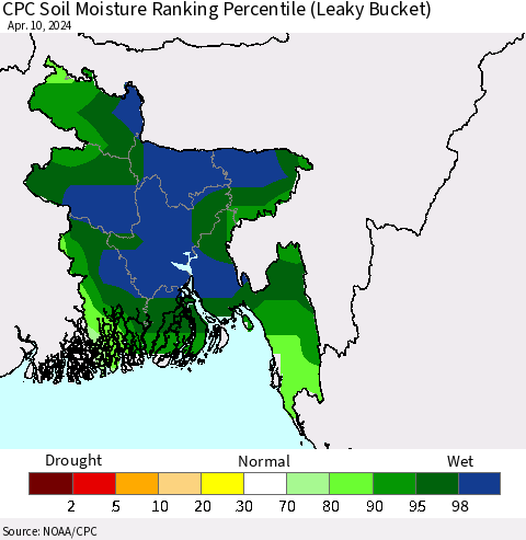 Bangladesh CPC Soil Moisture Ranking Percentile (Leaky Bucket) Thematic Map For 4/6/2024 - 4/10/2024