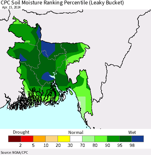 Bangladesh CPC Soil Moisture Ranking Percentile (Leaky Bucket) Thematic Map For 4/11/2024 - 4/15/2024