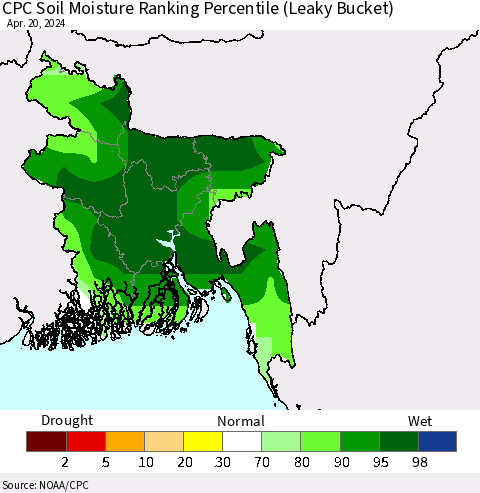 Bangladesh CPC Soil Moisture Ranking Percentile (Leaky Bucket) Thematic Map For 4/16/2024 - 4/20/2024