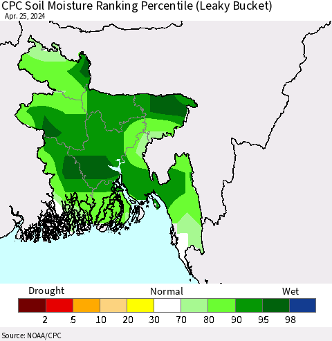 Bangladesh CPC Soil Moisture Ranking Percentile (Leaky Bucket) Thematic Map For 4/21/2024 - 4/25/2024