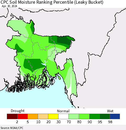 Bangladesh CPC Soil Moisture Ranking Percentile (Leaky Bucket) Thematic Map For 4/26/2024 - 4/30/2024