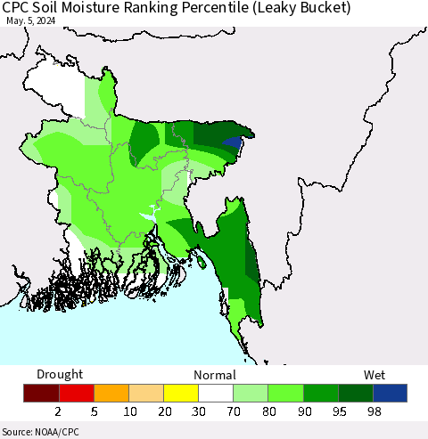 Bangladesh CPC Soil Moisture Ranking Percentile (Leaky Bucket) Thematic Map For 5/1/2024 - 5/5/2024