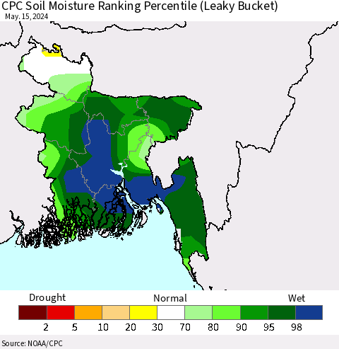Bangladesh CPC Soil Moisture Ranking Percentile (Leaky Bucket) Thematic Map For 5/11/2024 - 5/15/2024