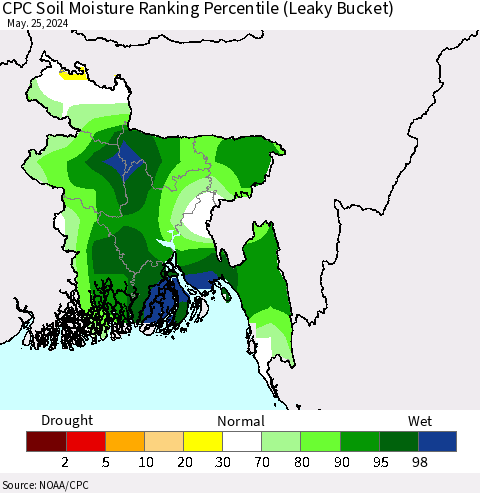 Bangladesh CPC Soil Moisture Ranking Percentile (Leaky Bucket) Thematic Map For 5/21/2024 - 5/25/2024