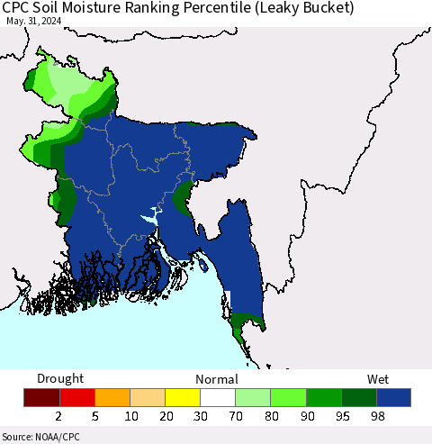 Bangladesh CPC Soil Moisture Ranking Percentile (Leaky Bucket) Thematic Map For 5/26/2024 - 5/31/2024