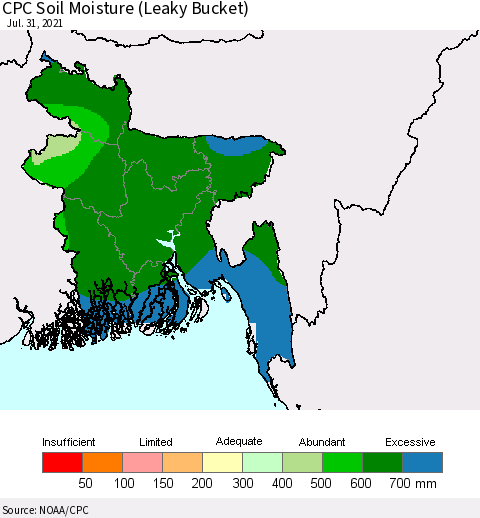 Bangladesh CPC Soil Moisture (Leaky Bucket) Thematic Map For 7/26/2021 - 7/31/2021