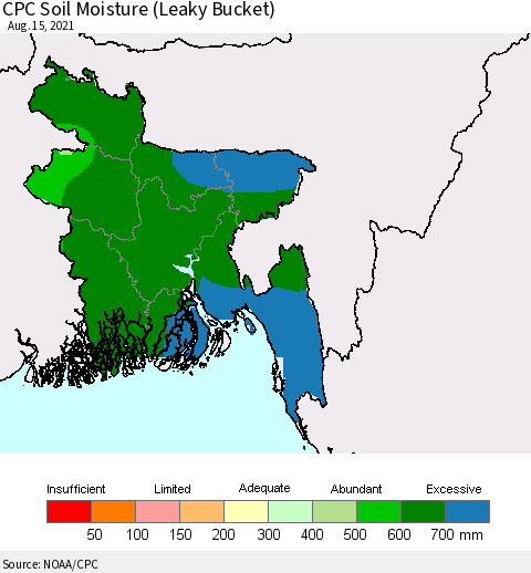 Bangladesh CPC Soil Moisture (Leaky Bucket) Thematic Map For 8/11/2021 - 8/15/2021