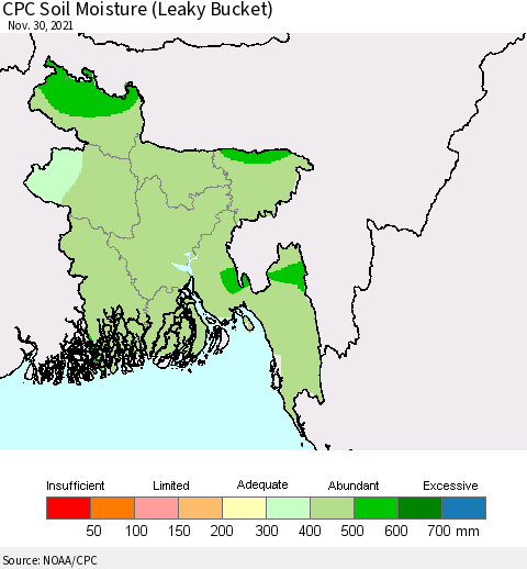 Bangladesh CPC Soil Moisture (Leaky Bucket) Thematic Map For 11/26/2021 - 11/30/2021