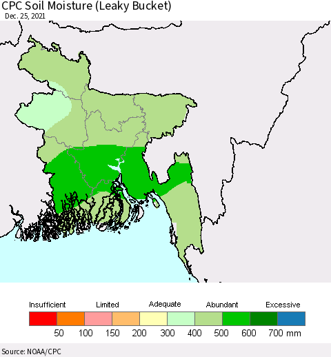 Bangladesh CPC Soil Moisture (Leaky Bucket) Thematic Map For 12/21/2021 - 12/25/2021