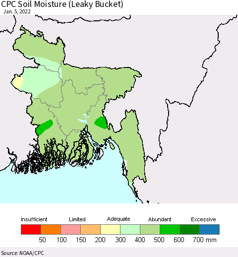 Bangladesh CPC Soil Moisture (Leaky Bucket) Thematic Map For 1/1/2022 - 1/5/2022