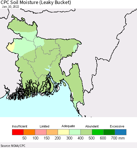 Bangladesh CPC Soil Moisture (Leaky Bucket) Thematic Map For 1/6/2022 - 1/10/2022