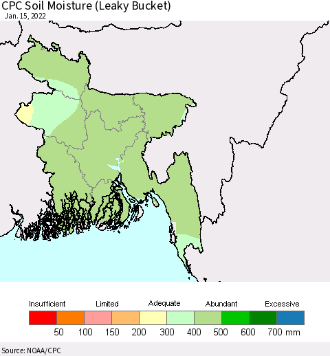 Bangladesh CPC Soil Moisture (Leaky Bucket) Thematic Map For 1/11/2022 - 1/15/2022