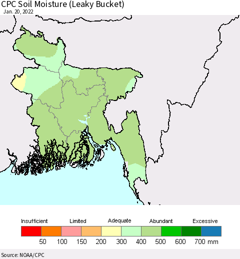 Bangladesh CPC Soil Moisture (Leaky Bucket) Thematic Map For 1/16/2022 - 1/20/2022