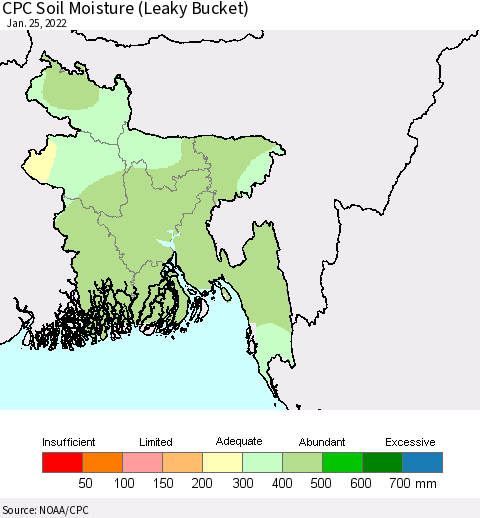 Bangladesh CPC Soil Moisture (Leaky Bucket) Thematic Map For 1/21/2022 - 1/25/2022