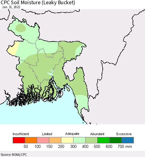 Bangladesh CPC Soil Moisture (Leaky Bucket) Thematic Map For 1/26/2022 - 1/31/2022