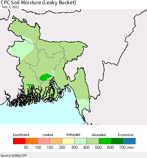 Bangladesh CPC Soil Moisture (Leaky Bucket) Thematic Map For 2/1/2022 - 2/5/2022