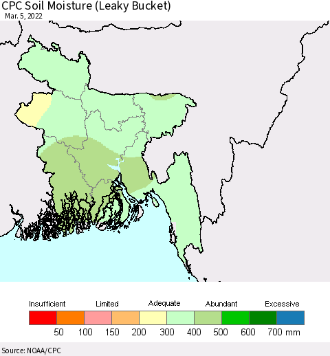 Bangladesh CPC Soil Moisture (Leaky Bucket) Thematic Map For 3/1/2022 - 3/5/2022
