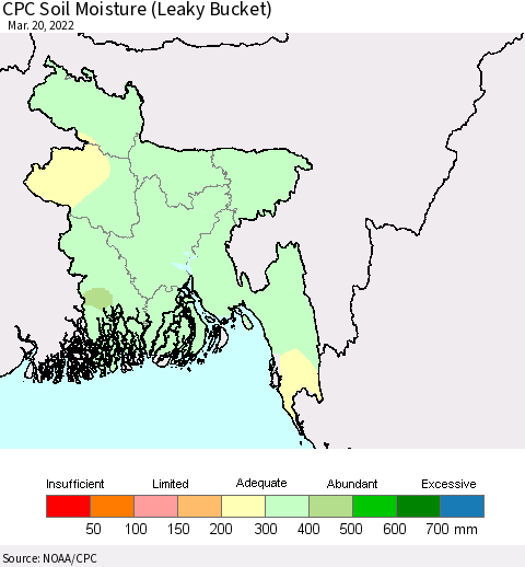 Bangladesh CPC Soil Moisture (Leaky Bucket) Thematic Map For 3/16/2022 - 3/20/2022