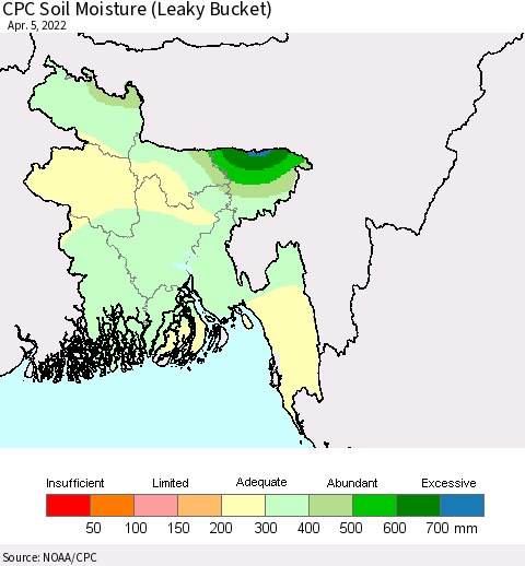 Bangladesh CPC Soil Moisture (Leaky Bucket) Thematic Map For 4/1/2022 - 4/5/2022