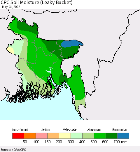 Bangladesh CPC Soil Moisture (Leaky Bucket) Thematic Map For 5/26/2022 - 5/31/2022