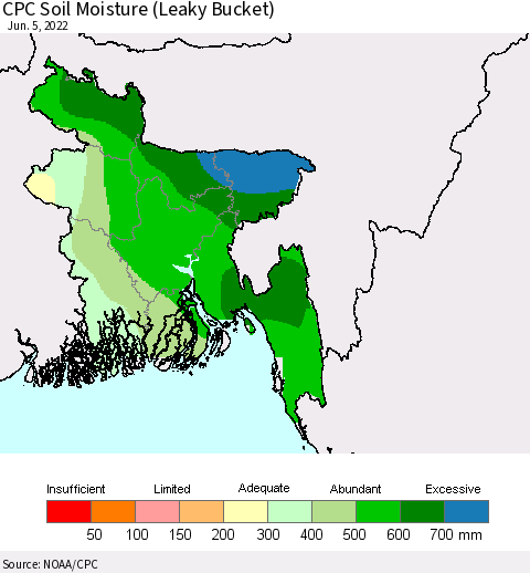 Bangladesh CPC Soil Moisture (Leaky Bucket) Thematic Map For 6/1/2022 - 6/5/2022