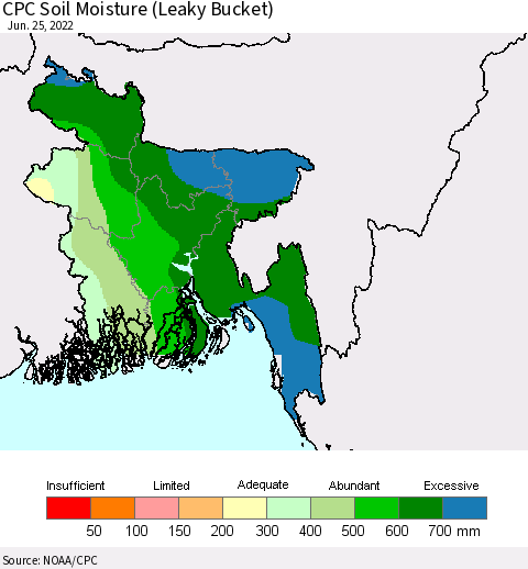 Bangladesh CPC Soil Moisture (Leaky Bucket) Thematic Map For 6/21/2022 - 6/25/2022