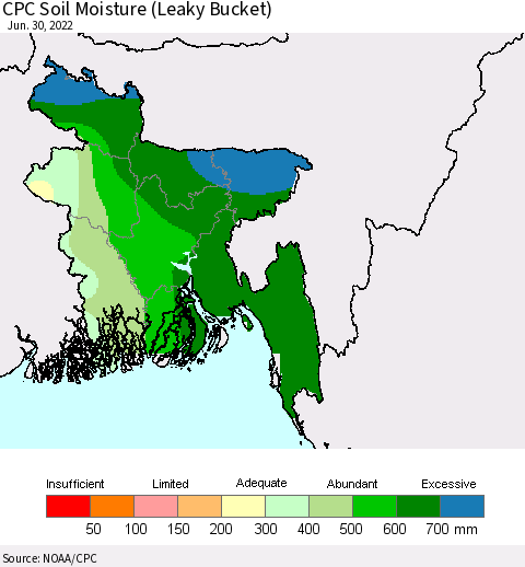 Bangladesh CPC Soil Moisture (Leaky Bucket) Thematic Map For 6/26/2022 - 6/30/2022