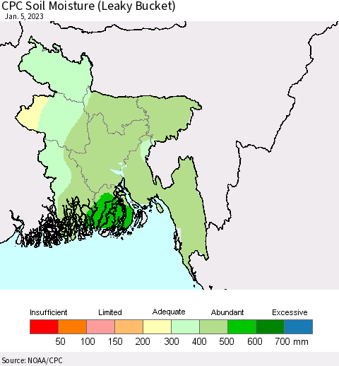 Bangladesh CPC Soil Moisture (Leaky Bucket) Thematic Map For 1/1/2023 - 1/5/2023