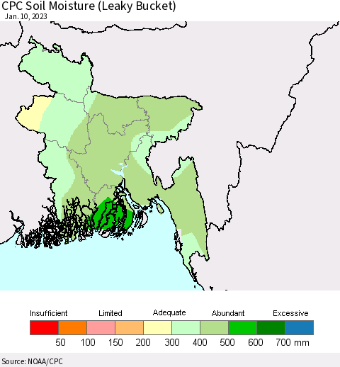 Bangladesh CPC Soil Moisture (Leaky Bucket) Thematic Map For 1/6/2023 - 1/10/2023