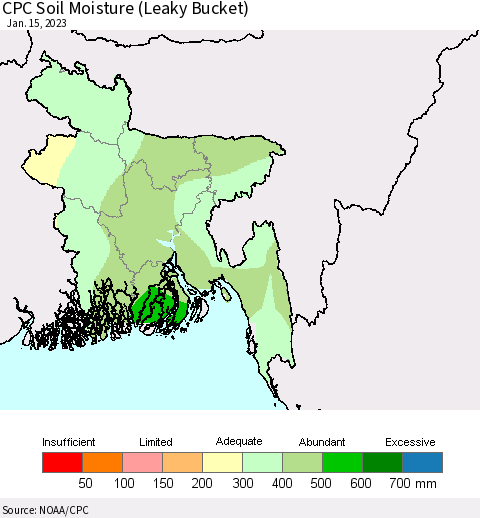 Bangladesh CPC Soil Moisture (Leaky Bucket) Thematic Map For 1/11/2023 - 1/15/2023