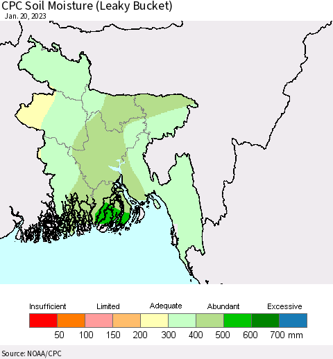 Bangladesh CPC Soil Moisture (Leaky Bucket) Thematic Map For 1/16/2023 - 1/20/2023