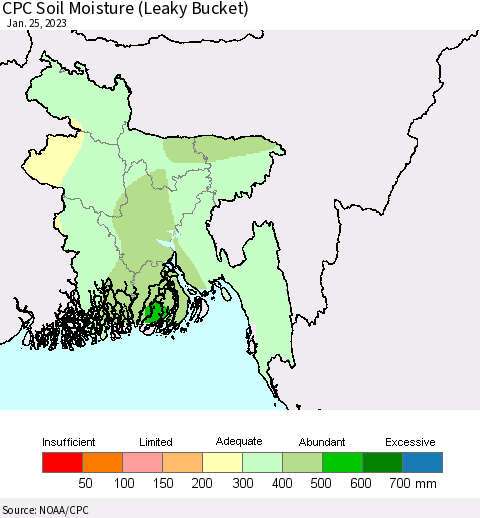 Bangladesh CPC Soil Moisture (Leaky Bucket) Thematic Map For 1/21/2023 - 1/25/2023