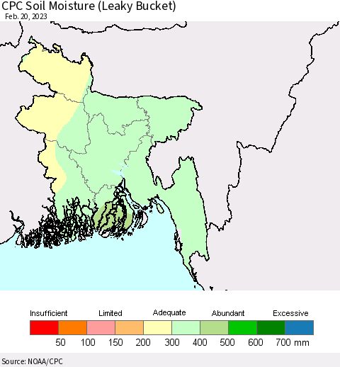 Bangladesh CPC Soil Moisture (Leaky Bucket) Thematic Map For 2/16/2023 - 2/20/2023