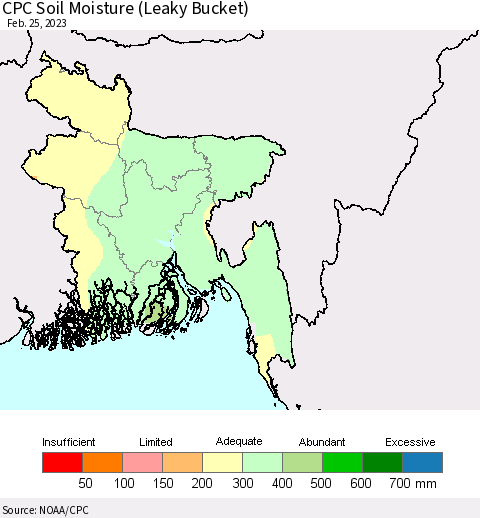 Bangladesh CPC Soil Moisture (Leaky Bucket) Thematic Map For 2/21/2023 - 2/25/2023