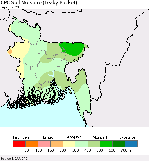 Bangladesh CPC Soil Moisture (Leaky Bucket) Thematic Map For 4/1/2023 - 4/5/2023