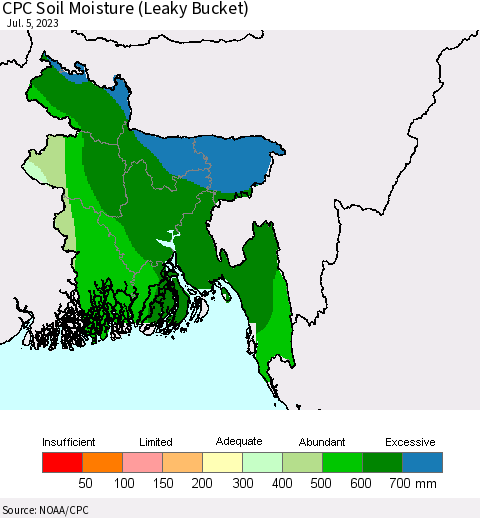 Bangladesh CPC Soil Moisture (Leaky Bucket) Thematic Map For 7/1/2023 - 7/5/2023