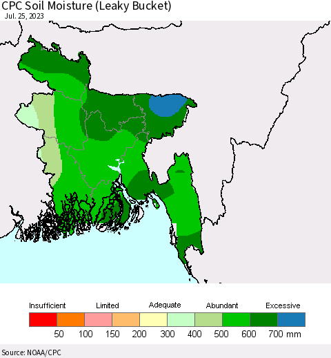 Bangladesh CPC Soil Moisture (Leaky Bucket) Thematic Map For 7/21/2023 - 7/25/2023