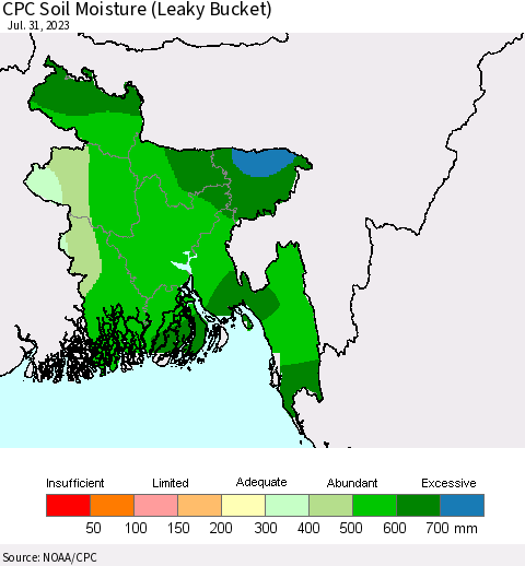 Bangladesh CPC Soil Moisture (Leaky Bucket) Thematic Map For 7/26/2023 - 7/31/2023