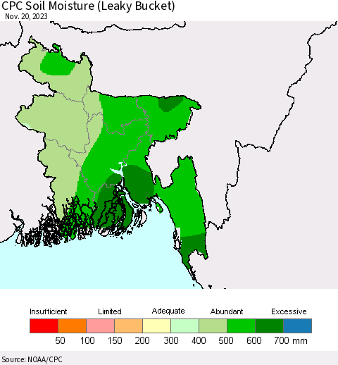 Bangladesh CPC Soil Moisture (Leaky Bucket) Thematic Map For 11/16/2023 - 11/20/2023