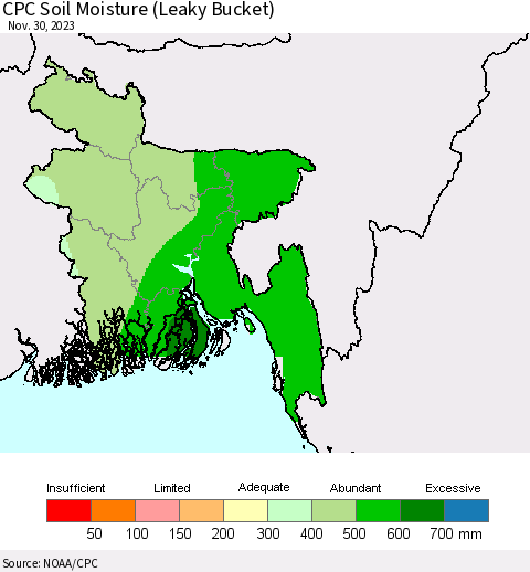 Bangladesh CPC Soil Moisture (Leaky Bucket) Thematic Map For 11/26/2023 - 11/30/2023