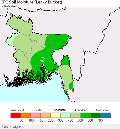 Bangladesh CPC Soil Moisture (Leaky Bucket) Thematic Map For 12/16/2023 - 12/20/2023