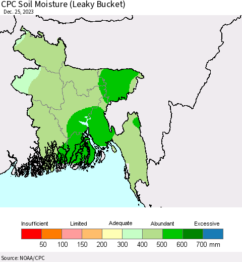 Bangladesh CPC Soil Moisture (Leaky Bucket) Thematic Map For 12/21/2023 - 12/25/2023
