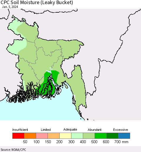 Bangladesh CPC Soil Moisture (Leaky Bucket) Thematic Map For 1/1/2024 - 1/5/2024