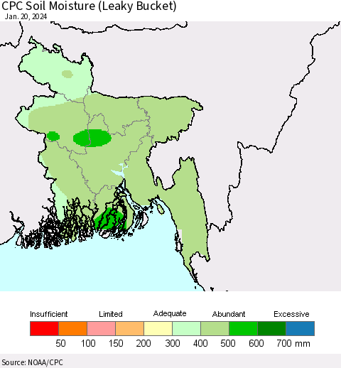 Bangladesh CPC Soil Moisture (Leaky Bucket) Thematic Map For 1/16/2024 - 1/20/2024