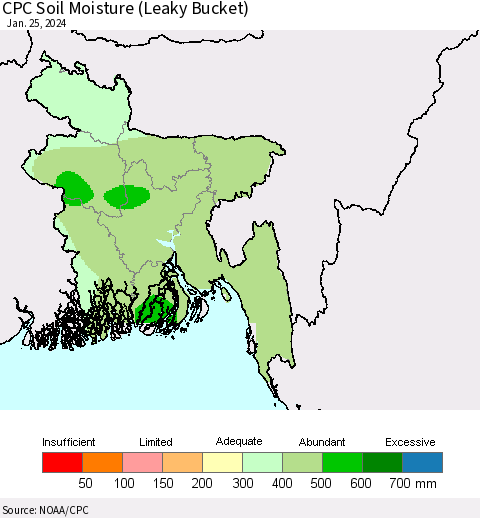Bangladesh CPC Soil Moisture (Leaky Bucket) Thematic Map For 1/21/2024 - 1/25/2024